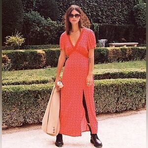 Free People Maxi Dress in Red Pink Pattern with Lace size XS